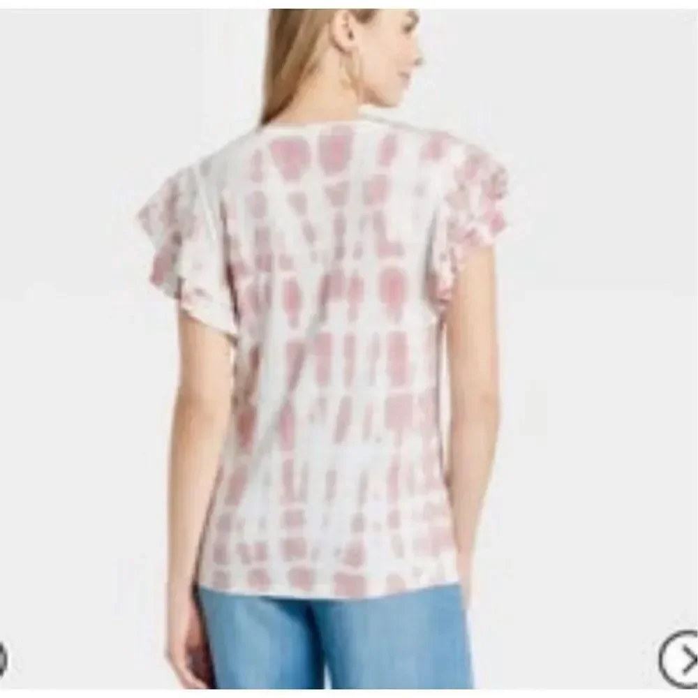 Knox Rose tie-dye top, pink and white, ruffled sleeves, size medium
